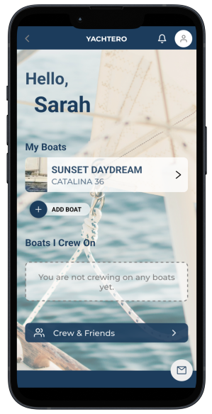 Yachtero app on mobile device showing boat management features